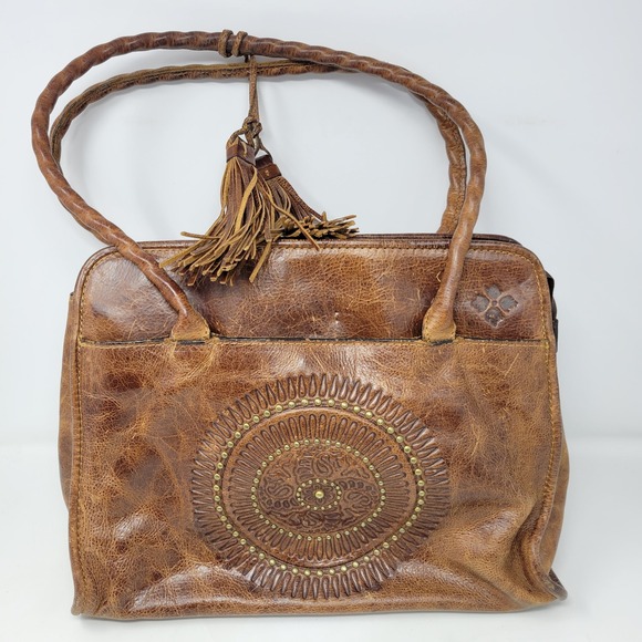 Patricia Nash Handbags - Patricia Nash Paris Distressed Leather Medallion Tassel Shoulder Bag Purse Brown